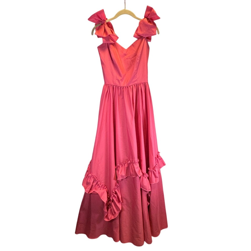 Vintage 80s Pink Ruffle Bow Shoulder Formal Ball Gown Prom Dress